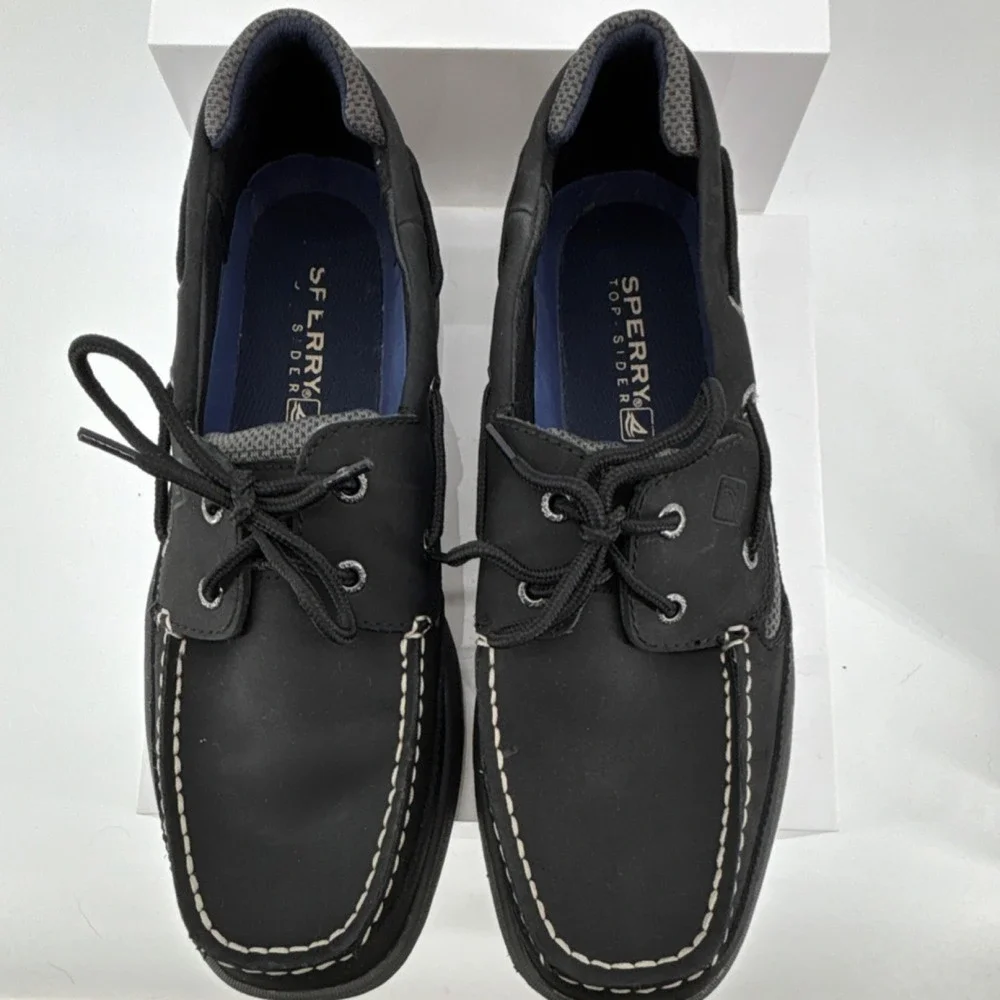 Sperry Top-Sider Men Black Leather‎ 2-Eye Cross Lace Boat Shoes 11.5W Contrast
